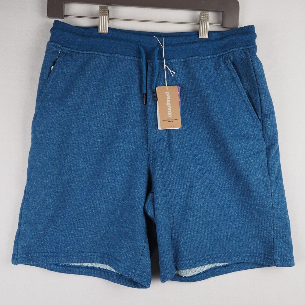 New Patagonia Men's S Mahnya Fleece Shorts 7 inch Wavy Blue Organic Cotton